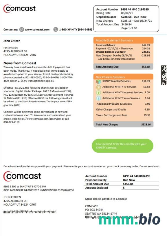 Szablon rachunku za media w USA Utah Comcast w formacie Word i PDF w wersji 2